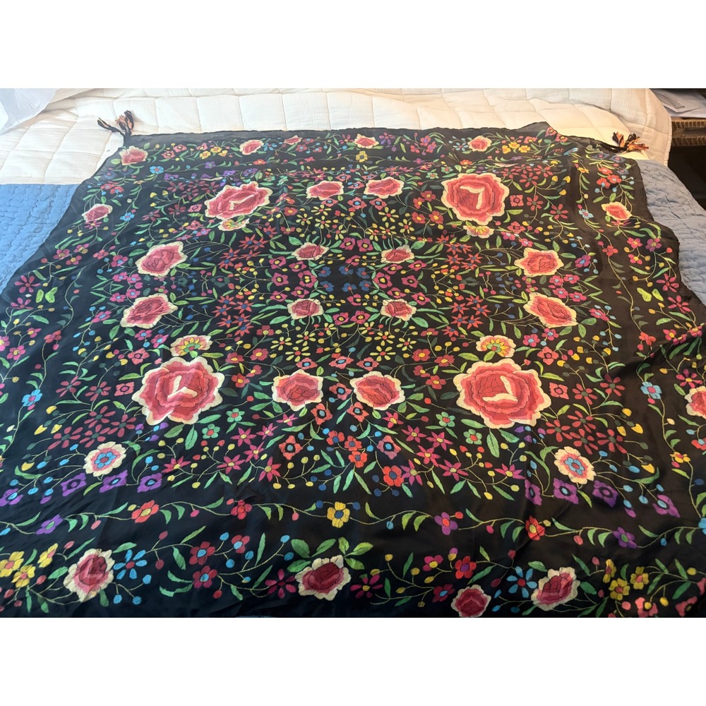Johnny Was Emby Collection 100% Silk Square Floral Scarf Tassels 49x49 Boho